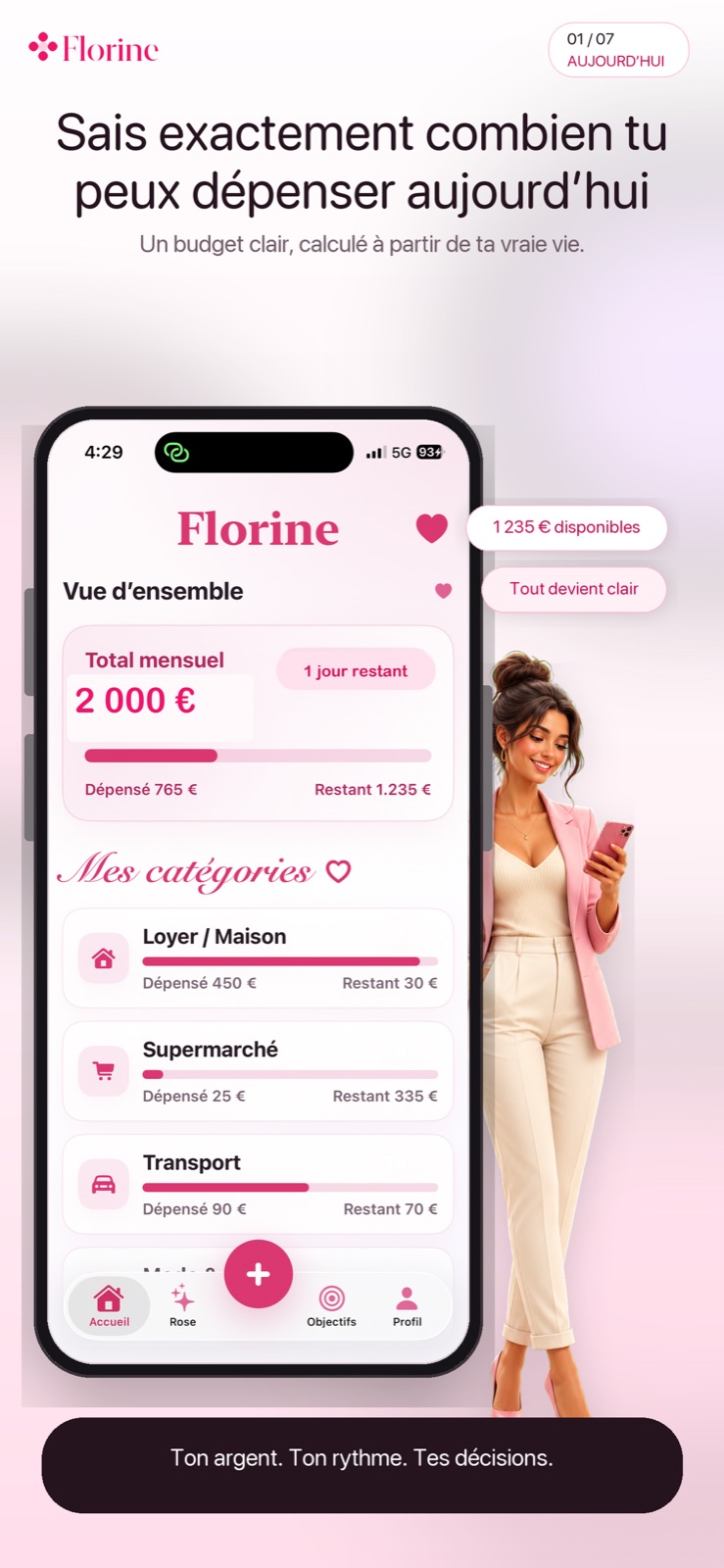 Florine monthly budget and spending categories, French preview